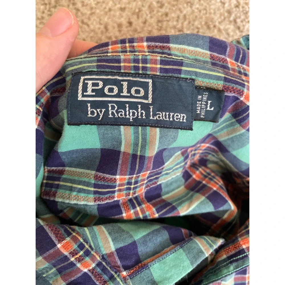 Vintage Polo Ralph Lauren Men Button Down Shirt Large Teal Plaid Dual Pockets
